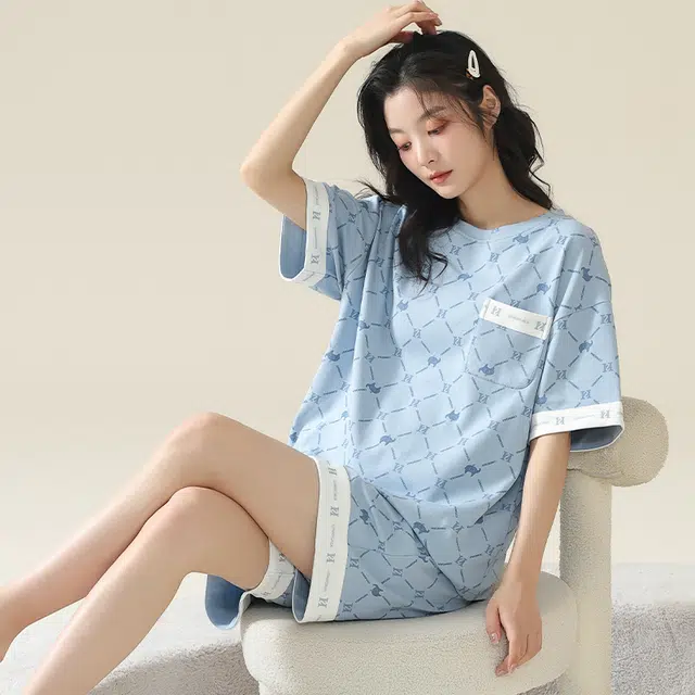莫代尔 薄款口袋短袖上衣千鸟格家居服可外穿睡衣套装 女款 天蓝色