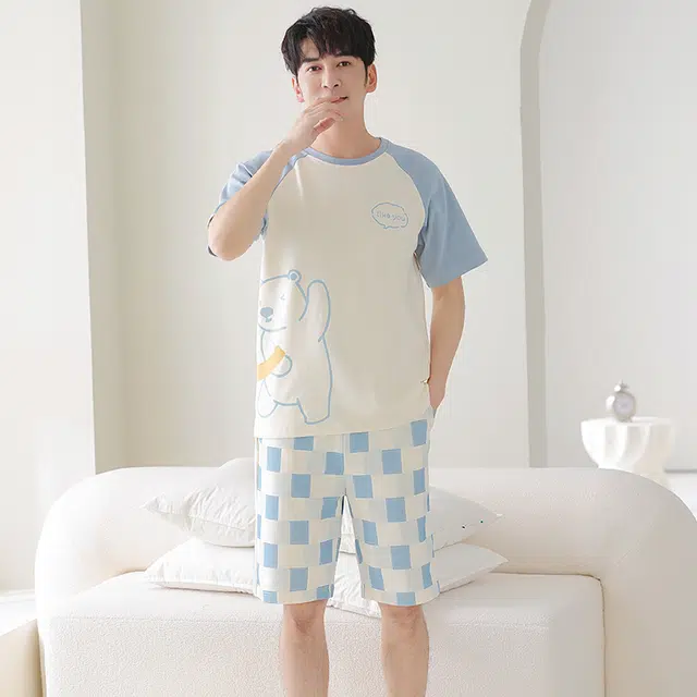 莫代尔 薄款亲肤韩版卡通短袖五分裤家居服可外穿睡衣套装 男款 杏色