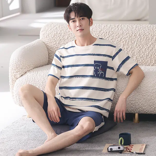 莫代尔 薄款韩版卡通条纹短袖五分裤家居服可外穿睡衣套装 男款 杏色
