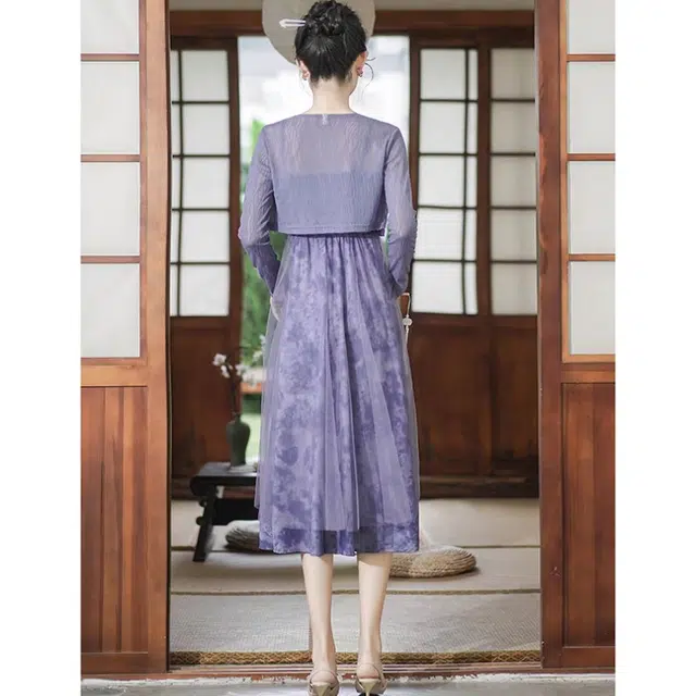 丝絮丝绸 吊带连衣裙开衫两件套气质显瘦立体花朵裙装套装 女款