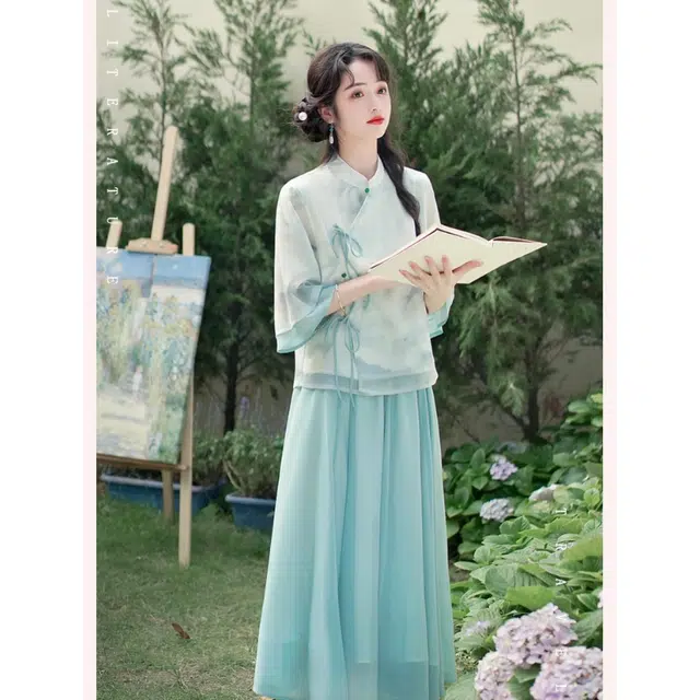 丝絮丝绸 新中式国风系带文艺半身裙两件套裙装套装 女款