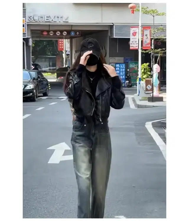 丝絮丝绸 秋季宽松复古港风长袖机车夹克外套皮衣 女款
