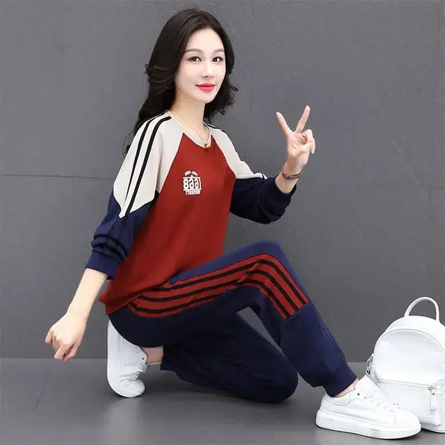 丝絮丝绸 秋季拼接卫衣洋气时尚运动休闲套装 女款