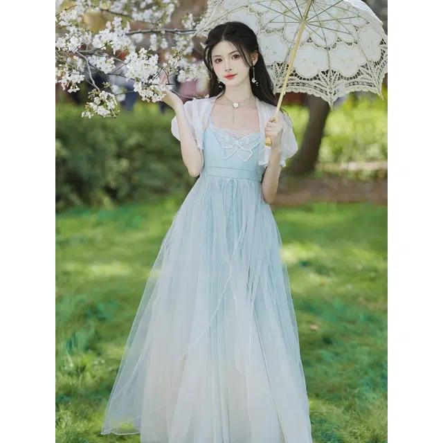 丝絮丝绸 国风汉元素复古风新中式小开衫渐变吊带连衣裙两件套裙装套装 女款