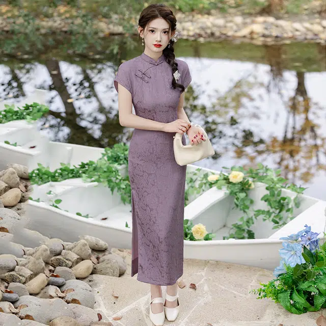 丝絮丝绸 新中式高腰薄款植物花卉合身立领短袖连衣裙 女款