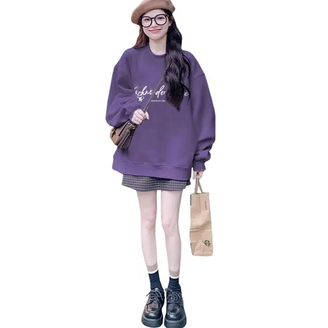 丝絮丝绸 美式潮流加绒加厚款款圆领宽松上衣卫衣 女款