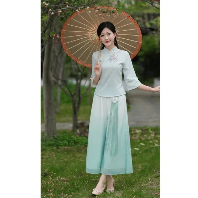 丝絮丝绸 新中式国风刺绣斜襟七分袖上衣雪纺大摆半身裙裙装套装 女款
