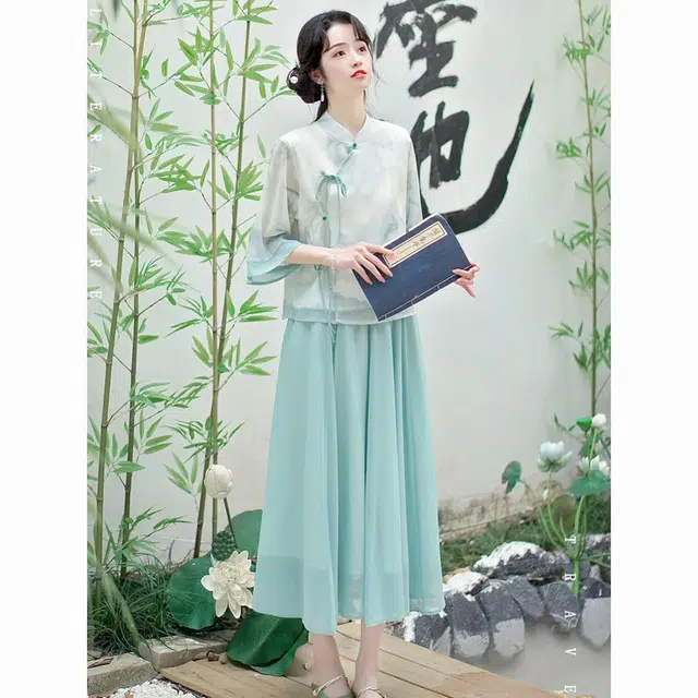 丝絮丝绸 新中式国风系带文艺半身裙两件套裙装套装 女款
