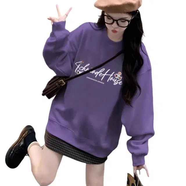 丝絮丝绸 美式潮流加绒加厚款款圆领宽松上衣卫衣 女款