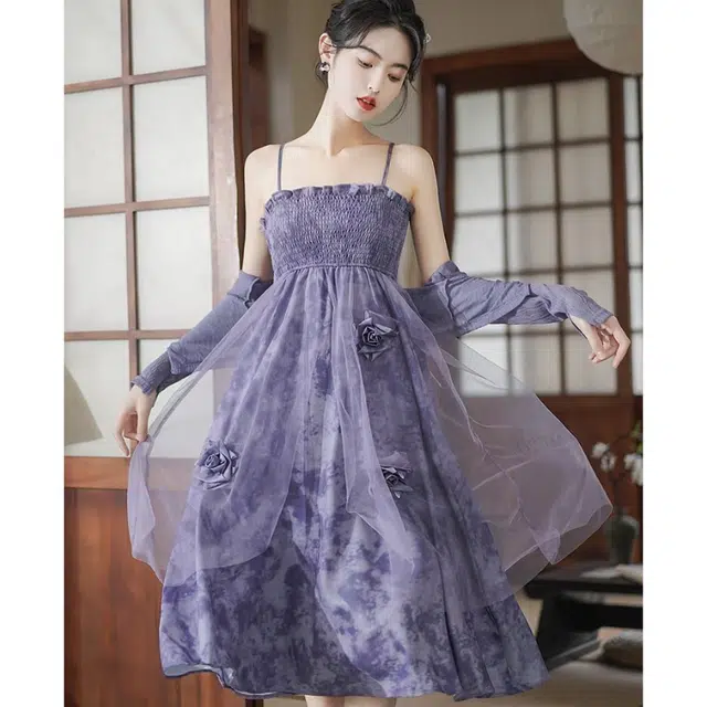 丝絮丝绸 吊带连衣裙开衫两件套气质显瘦立体花朵裙装套装 女款