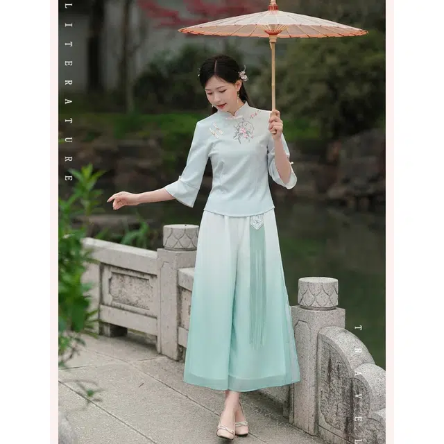 丝絮丝绸 新中式国风刺绣斜襟七分袖上衣雪纺大摆半身裙裙装套装 女款