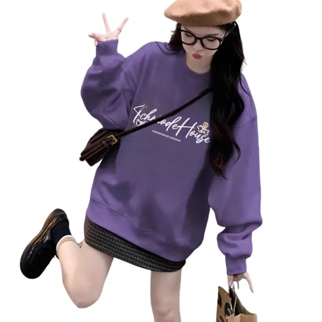 丝絮丝绸 美式潮流加绒加厚款款圆领宽松上衣卫衣 女款