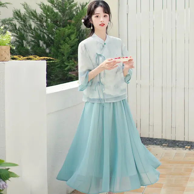 丝絮丝绸 新中式国风系带文艺半身裙两件套裙装套装 女款