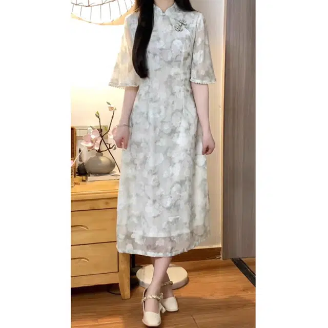 丝絮丝绸 新中式高腰薄款立领合身植物花卉短袖连衣裙 女款