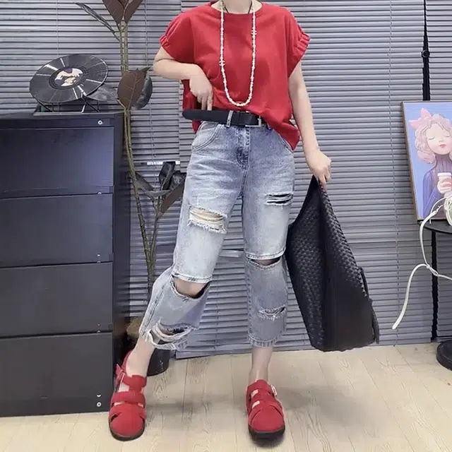 丝絮丝绸 破洞薄款韩版高腰宽松显瘦小个子八分裤直筒裤牛仔裤 女款