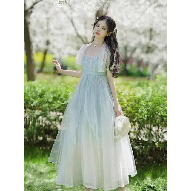 丝絮丝绸 国风汉元素复古风新中式小开衫渐变吊带连衣裙两件套裙装套装 女款