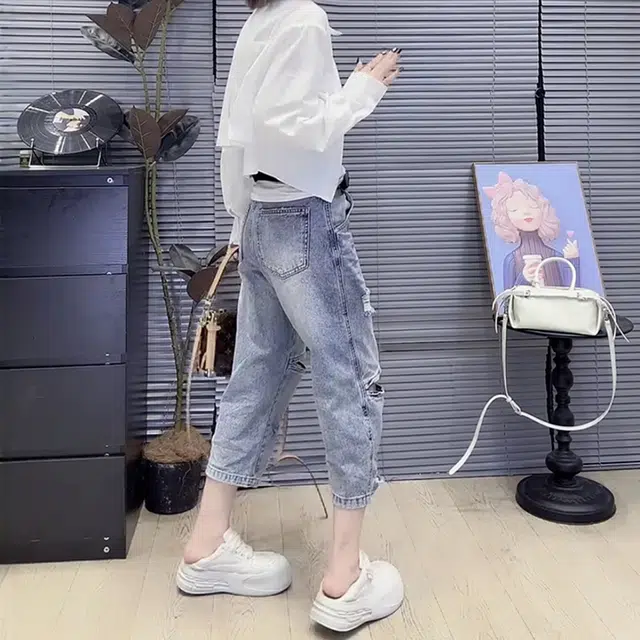 丝絮丝绸 破洞薄款韩版高腰宽松显瘦小个子八分裤直筒裤牛仔裤 女款