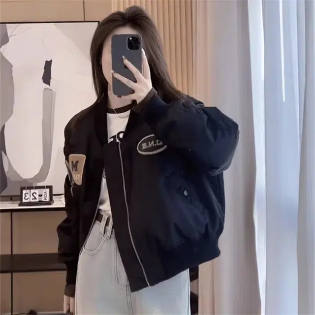 丝絮丝绸 美式复古棒球服韩版飞行员夹克截短外套 女款
