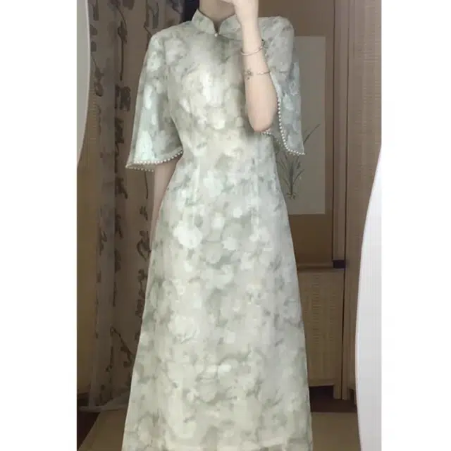 丝絮丝绸 新中式高腰薄款立领合身植物花卉短袖连衣裙 女款