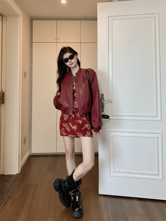 丝絮丝绸 美式复古高级设计感立领外套皮衣 女款