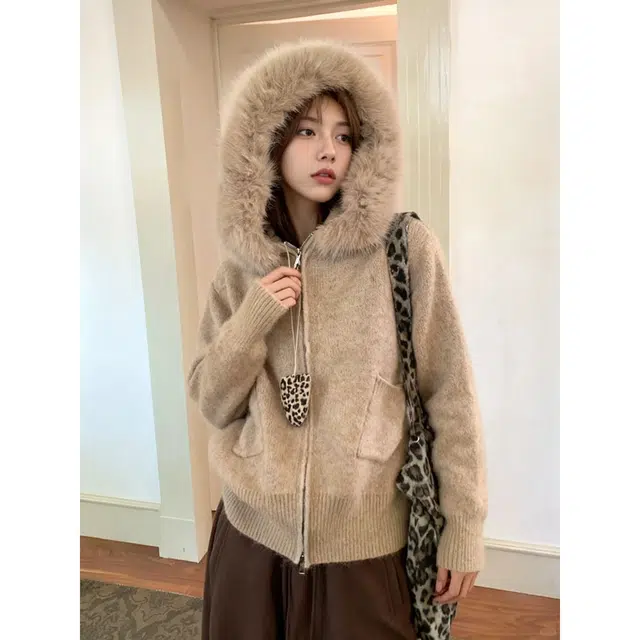 丝絮丝绸 连帽长袖外套秋季可拆卸毛领宽松慵懒风韩系开衫上衣针织衫 女款