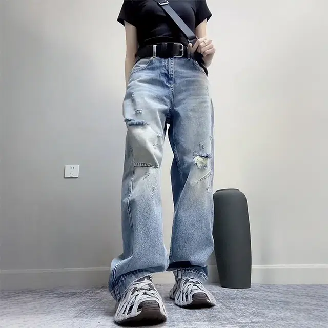 丝絮丝绸 破洞直筒高腰宽松牛仔裤 女款