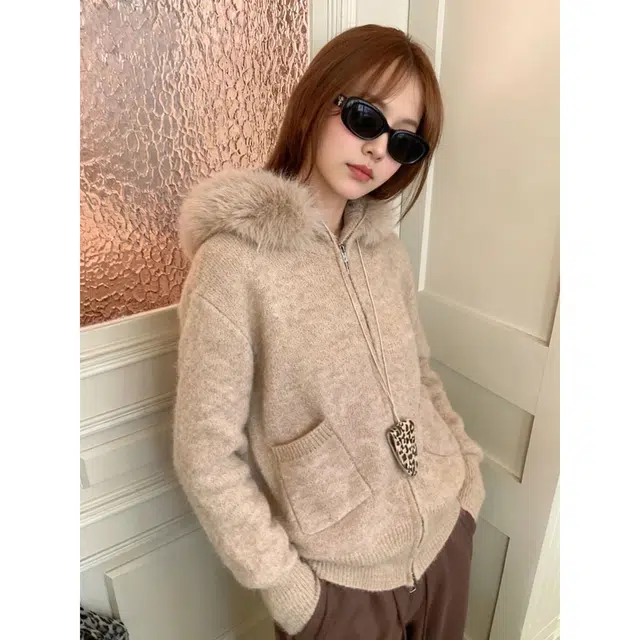 丝絮丝绸 连帽长袖外套秋季可拆卸毛领宽松慵懒风韩系开衫上衣针织衫 女款