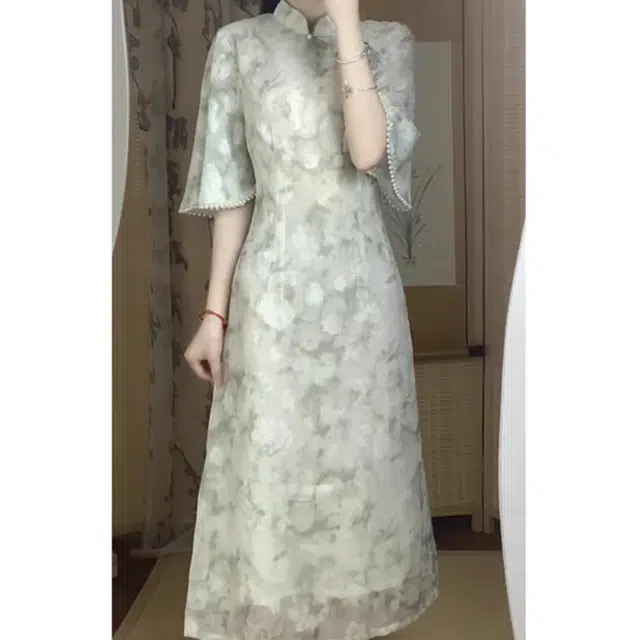 丝絮丝绸 新中式高腰薄款立领合身植物花卉短袖连衣裙 女款