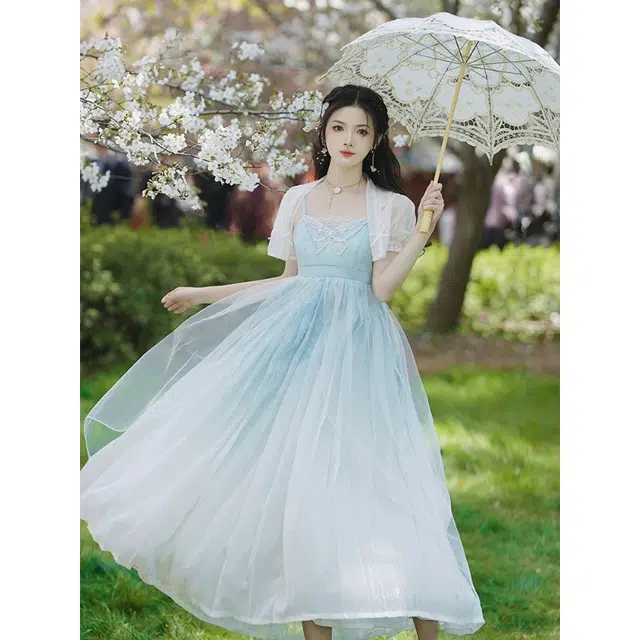 丝絮丝绸 国风汉元素复古风新中式小开衫渐变吊带连衣裙两件套裙装套装 女款