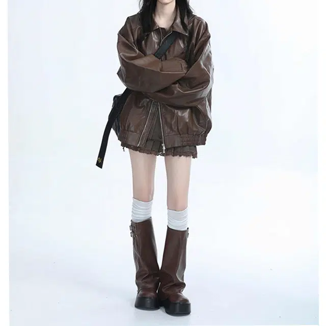 丝絮丝绸 秋冬季宽松时尚潮牌机车服外套皮衣 女款