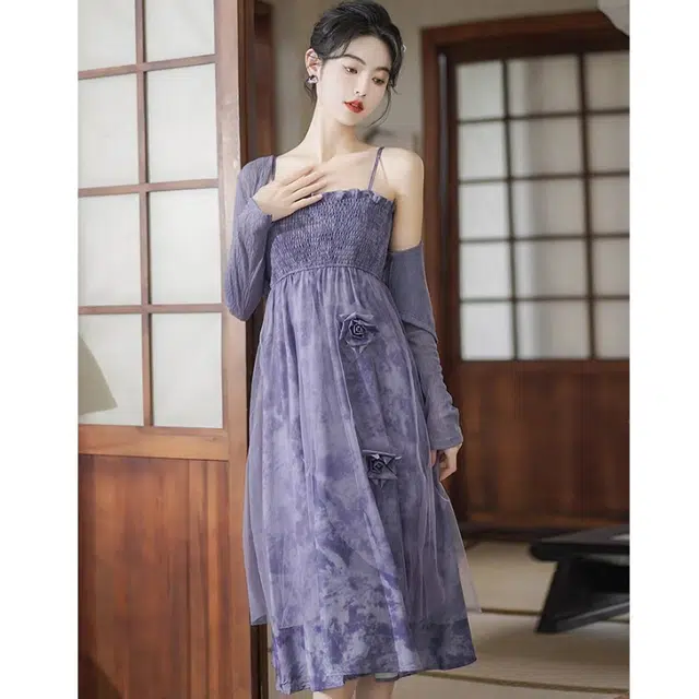 丝絮丝绸 吊带连衣裙开衫两件套气质显瘦立体花朵裙装套装 女款