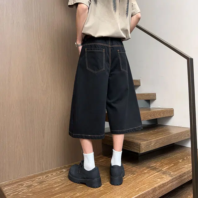 美式复古高街风七分宽松休闲百搭水洗拼接做旧牛仔短裤 男女同款