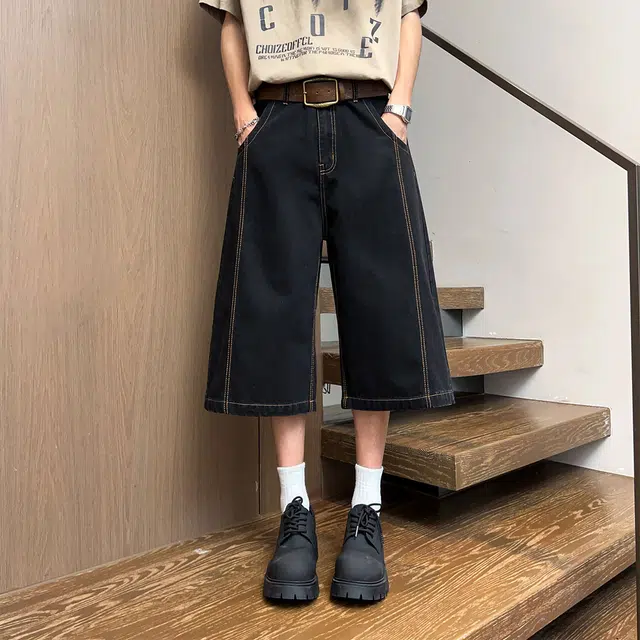 美式复古高街风七分宽松休闲百搭水洗拼接做旧牛仔短裤 男女同款