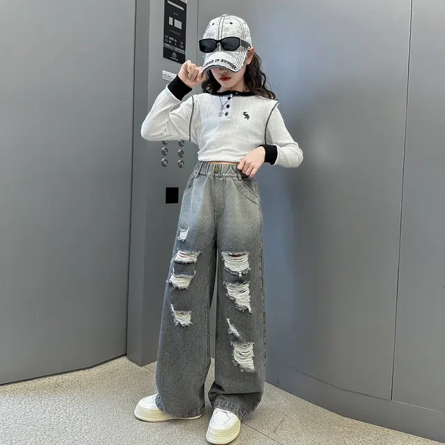 俞兆林牛仔裤 宽松美式复古高街水洗破洞做旧高级感时尚潮流微弹显高显瘦修身垂感休闲裤腿 青少年
