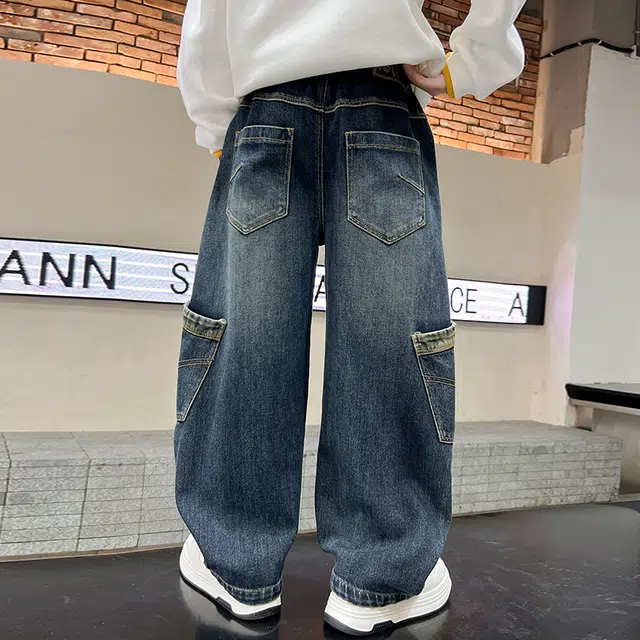俞兆林牛仔裤 简约大口袋复古显高显瘦垂感宽松亲肤拼接直筒 青少年