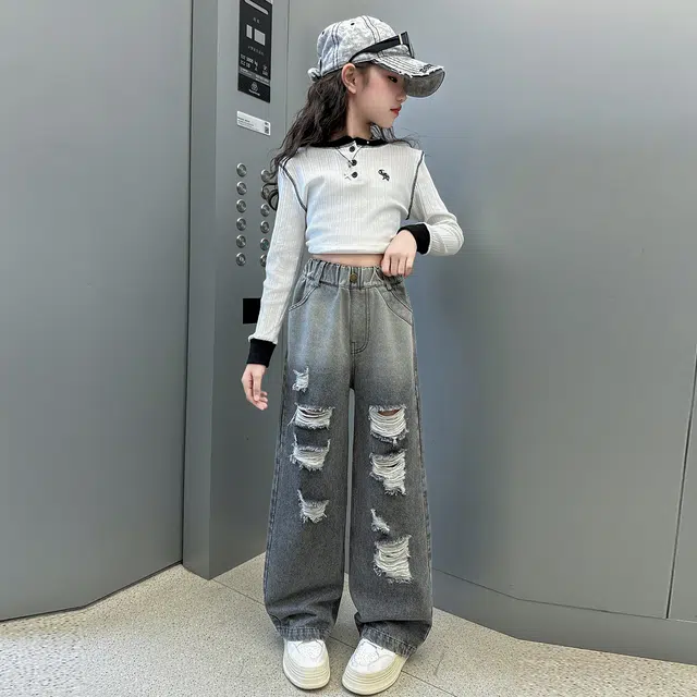 俞兆林牛仔裤 宽松美式复古高街水洗破洞做旧高级感时尚潮流微弹显高显瘦修身垂感休闲裤腿 青少年