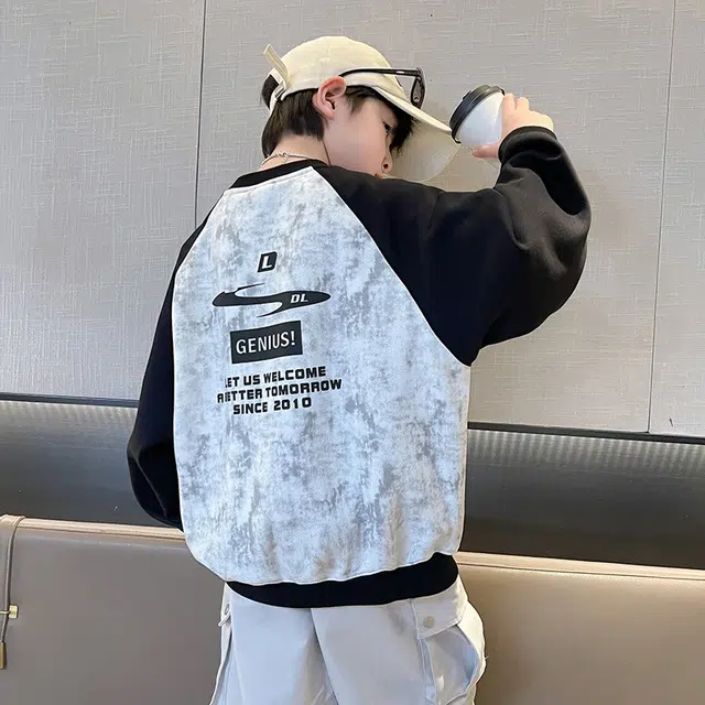 雅鹿卫衣 舒适百搭拼色字母 黑色 儿童款