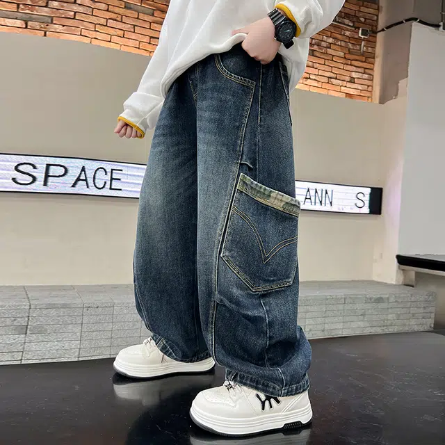 俞兆林牛仔裤 简约大口袋复古显高显瘦垂感宽松亲肤拼接直筒 青少年