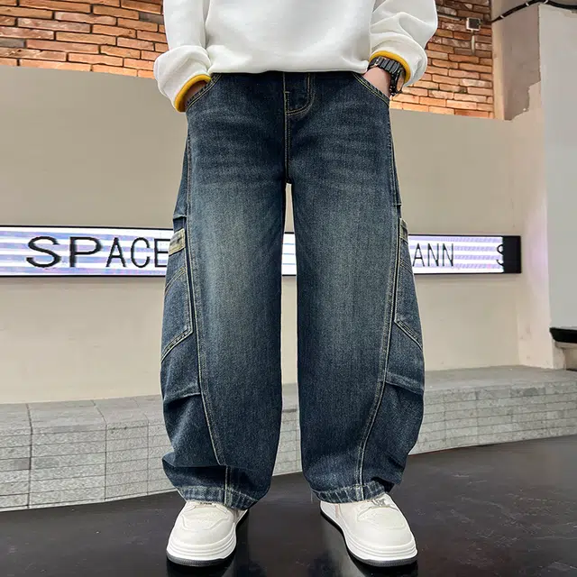 俞兆林牛仔裤 简约大口袋复古显高显瘦垂感宽松亲肤拼接直筒 青少年