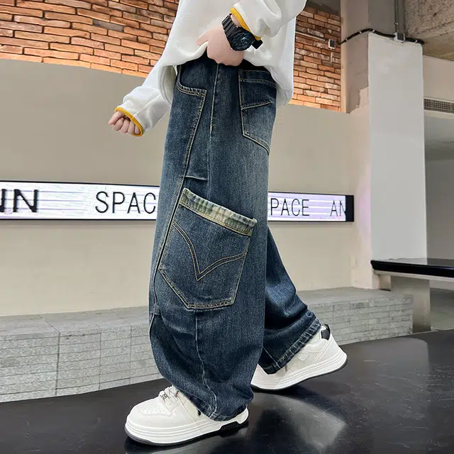 俞兆林牛仔裤 简约大口袋复古显高显瘦垂感宽松亲肤拼接直筒 青少年