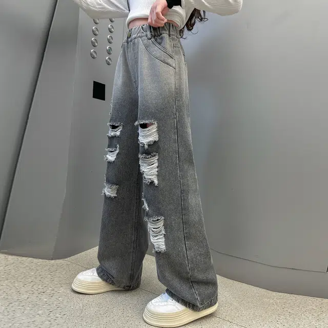 俞兆林牛仔裤 宽松美式复古高街水洗破洞做旧高级感时尚潮流微弹显高显瘦修身垂感休闲裤腿 青少年
