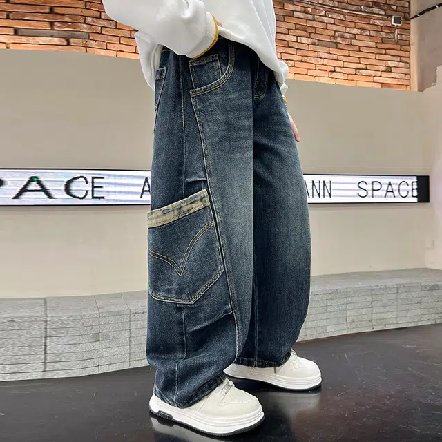 俞兆林牛仔裤 简约大口袋复古显高显瘦垂感宽松亲肤拼接直筒 青少年