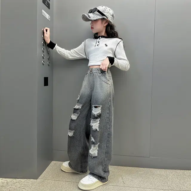 俞兆林牛仔裤 宽松美式复古高街水洗破洞做旧高级感时尚潮流微弹显高显瘦修身垂感休闲裤腿 青少年