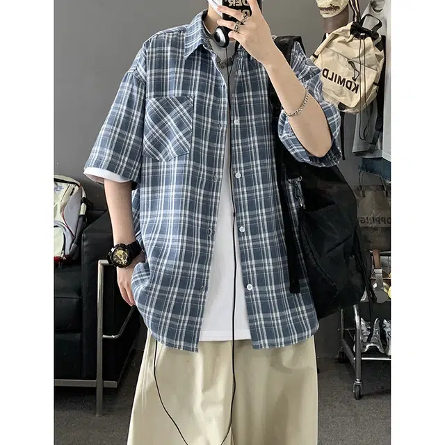 玉儿恋 日系多巴胺格子风宽松休闲翻领短袖时尚百搭衬衫 男女同款