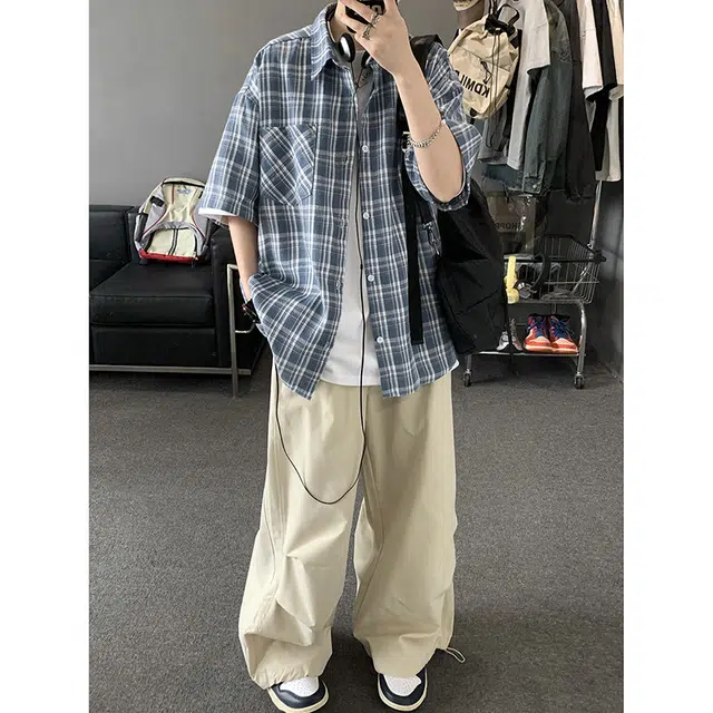 玉儿恋 日系多巴胺格子风宽松休闲翻领短袖时尚百搭衬衫 男女同款