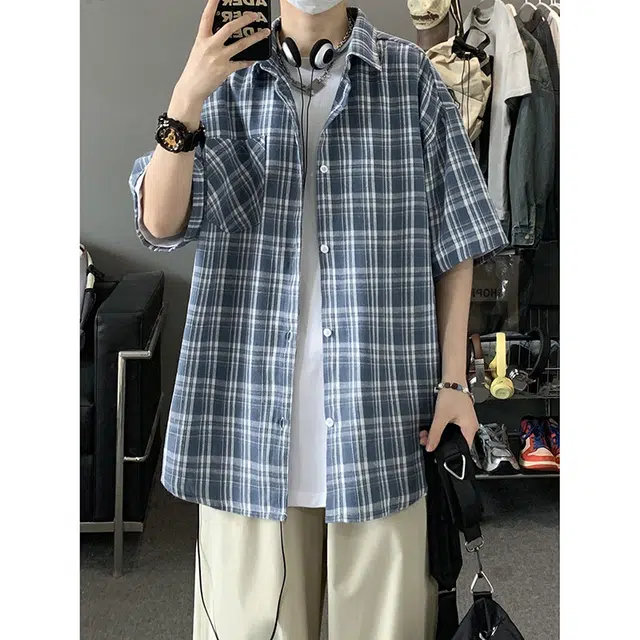 玉儿恋 日系多巴胺格子风宽松休闲翻领短袖时尚百搭衬衫 男女同款