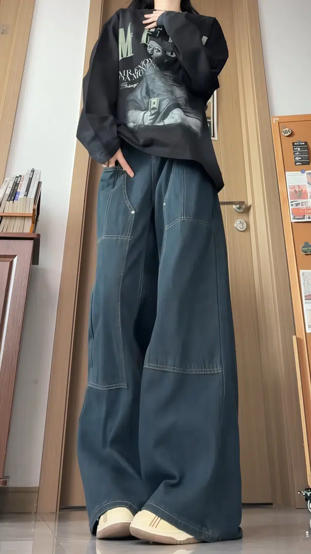 水中花 高腰工装长裤女直筒拼接休闲阔腿裤子垂感拖地裤显高显瘦小众设计时髦裤牛仔裤 女款