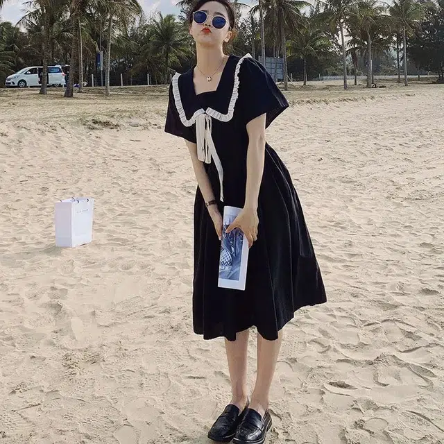 水中花 法式娃娃领高级感气质温柔学院风收腰修身显瘦甜美可爱纯色简约短袖连衣裙 女款