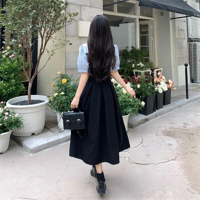 水中花 时尚拼接长裙夏季高级感微胖女显瘦修身收腰甜美可爱气质优雅简约百搭包臀裙短袖连衣裙 女款