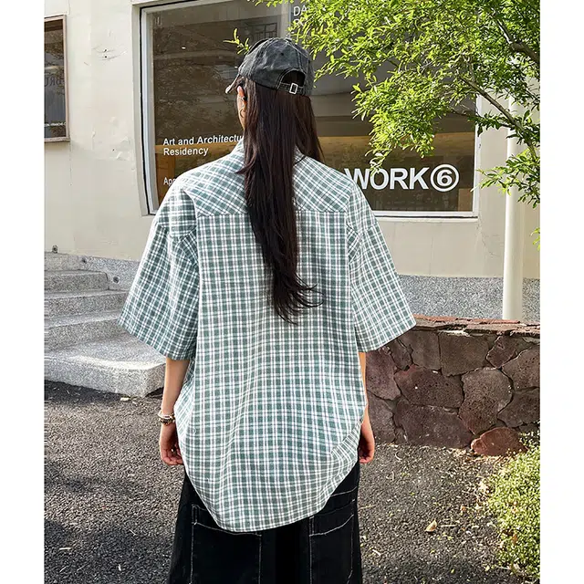 水中花 港风休闲条冰丝凉感情侣百搭衬衣高街风格短袖衬衫 女款